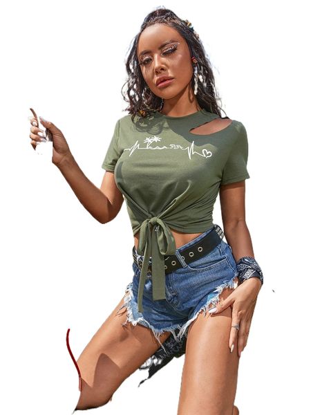 

graphic cut out knot front tee n588#, White