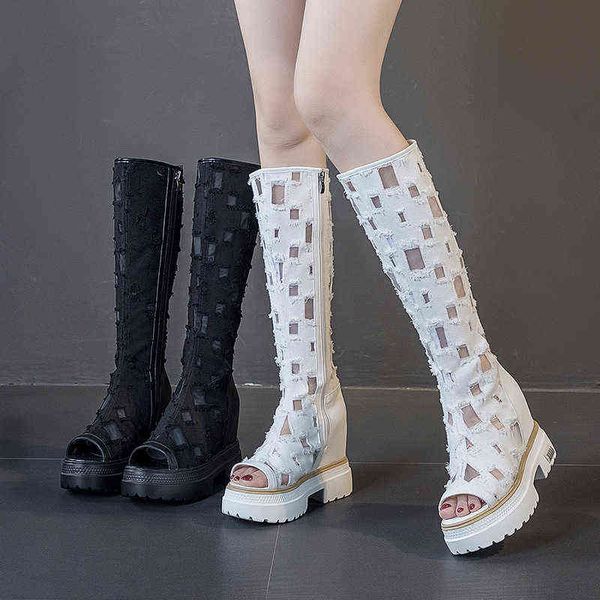 

boots with holes canvas hollowed out fish mouth long less than knee thin and increased inside women's cool boots small, Black