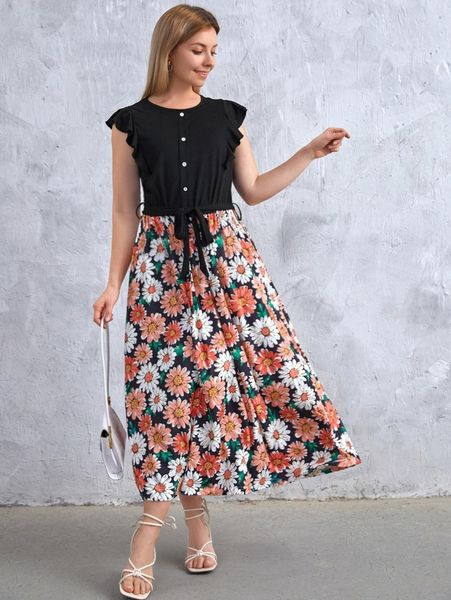 

floral print ruffle trim belted dress x8fp#, Black;gray