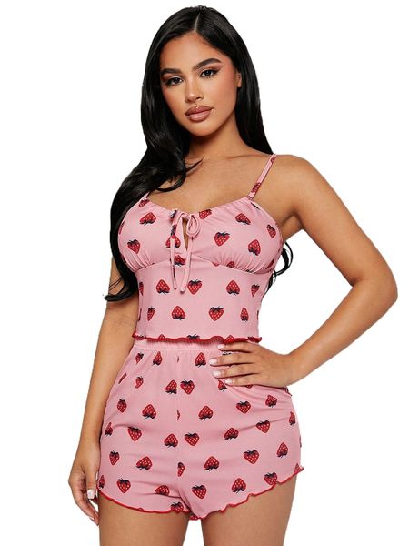 

strawberry print knot front cami & shorts pj set g39c#, Black;red