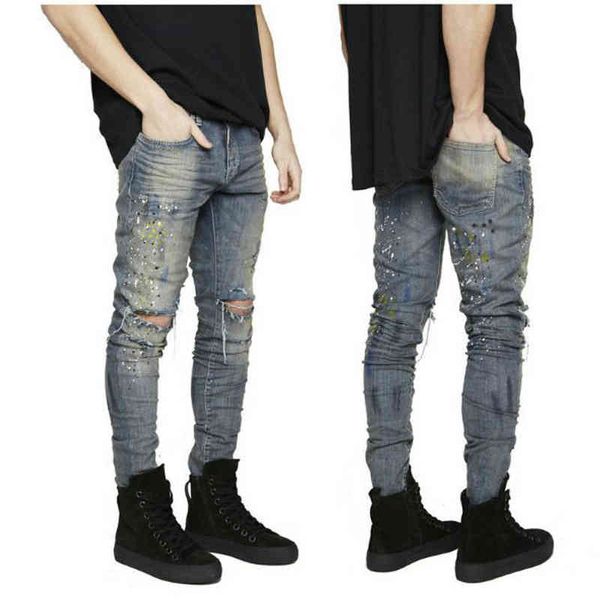 

high street jkanye west knee hole gd same jeans trendy men's elastic slim pants, Blue