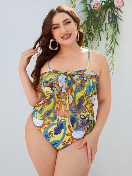 

plus allover print knot front bikini swimsuit k7s7#, White;black