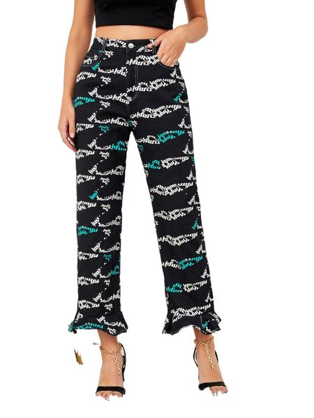 

x twist and jam high waist letter graphic ruffle hem pants 968v#, Black;white