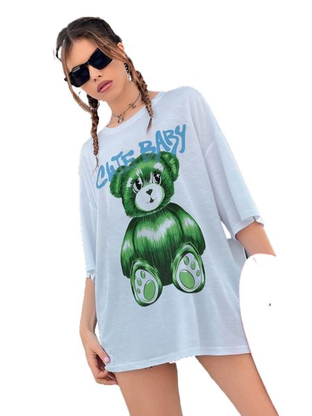 

bear & slogan graphic oversized tee p4qz#, White