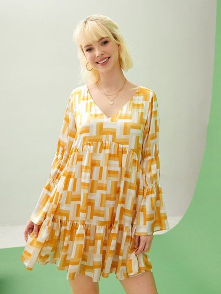 

x amanda mccarty geo allover print ruffle hem dress 66u9#, Black;gray