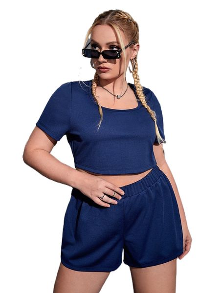 

plus scoop neck crop tee & shorts o0hz#, Black