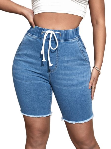 

sxy drawstring waist raw hem denim shorts 22ge#, White;black