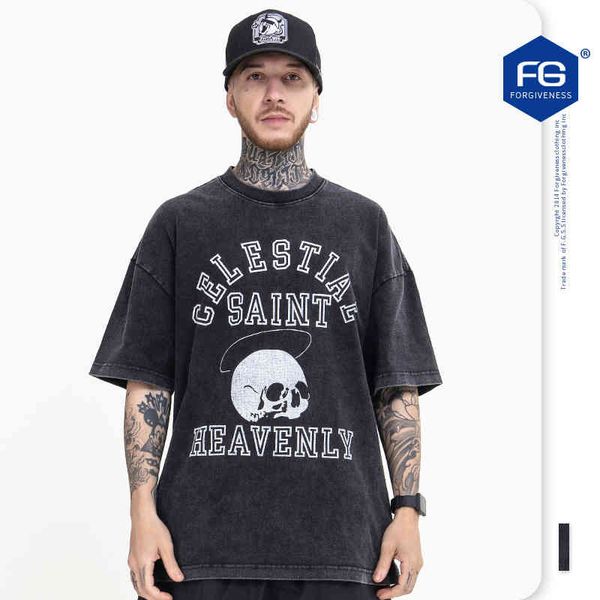 

men's t-shirts fg menswear spring summer fashion brand fried color washing letter skull print loose short sleeve t-shirt iwy3, White;black