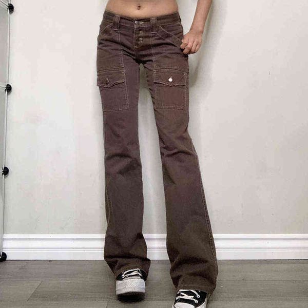 

jeans woman retro streetwear button up low rise jeans with pockets indie aesthetics full length brown denim trousers 90s outfit t220728, Blue