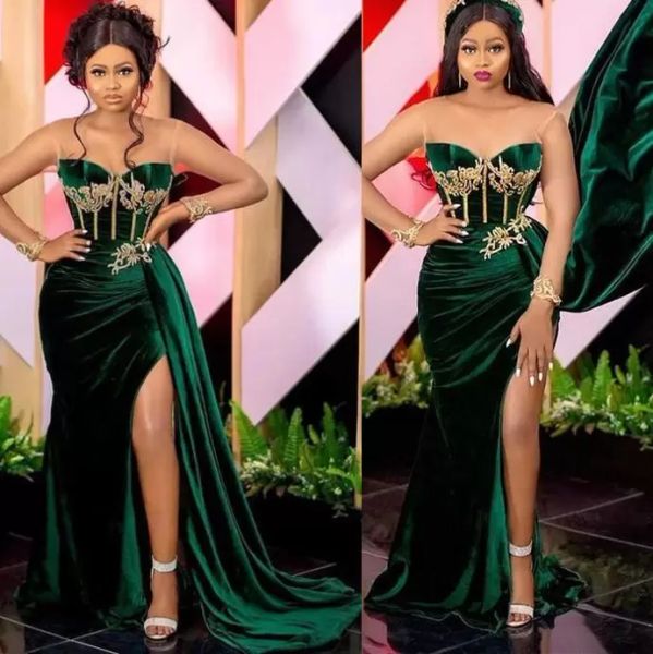 

emerald green african prom party dresses slit sweetheart arabic aso ebi velvet plus size evening occasion gown wear, Black