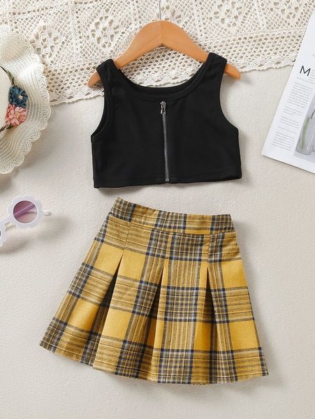 

little girl's zipper cardigan vest and plaid pattern pleated skirt she, White
