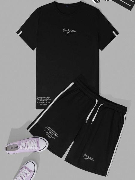 

men slogan graphic tee & side stripe tape shorts v81m#, Gray