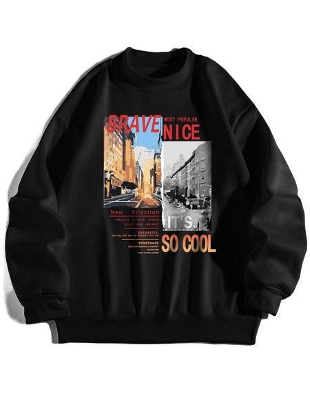 

slogan & picture print mock neck thermal pullover 18pp#, Black