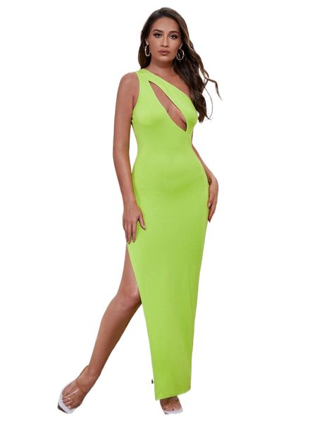 

neon lime one shoulder peekaboo split thigh dress u0nk#, Black;gray