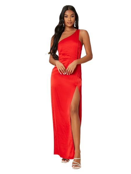 

one shoulder split thigh prom dress s2ij#, Black;gray