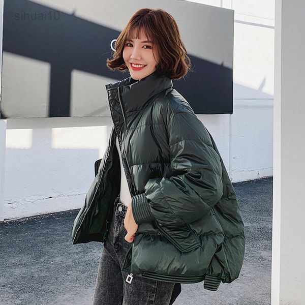 

qingwen korean fashion winter loose thick white duck down jacket women solid color short jacket large size stand up collar parka l220725, Black