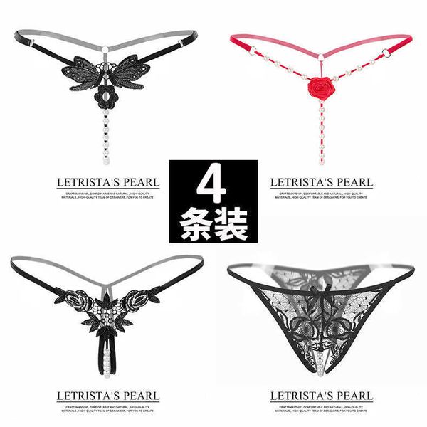 

[]4-piece thong women's embroidered pearl massage underwear transparent low waist t-pants, Black;white