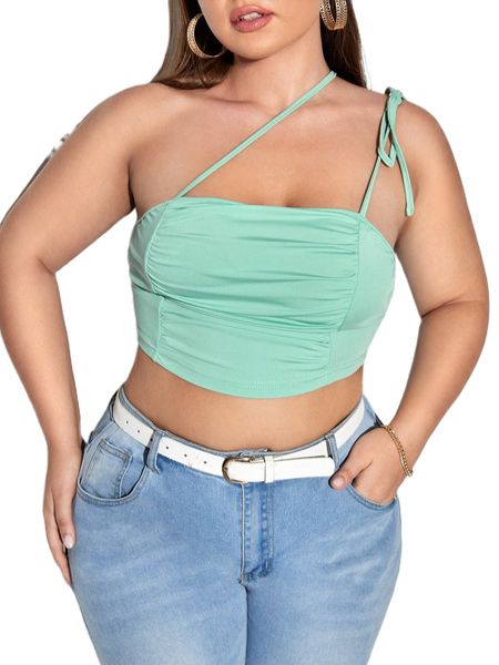 

plus tie one shoulder ruched crop 75k4#, Black