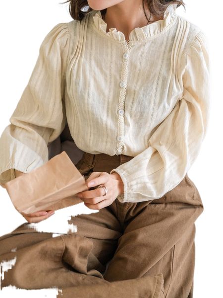 

dazy frilled neck lantern sleeve press crease detail blouse l4xg#, White