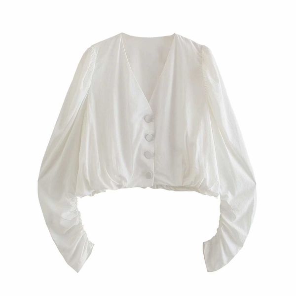 Kadınlar Gevşek Dökümlü Mahsul Bluz Düğmesi V Yağ Şık yığın Kollar Zarif Lady Vintage Kadın Akışlı Gömlek Top 210709