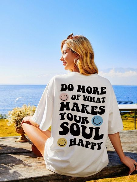 

slogan & cartoon face print drop shoulder tee v7kz#, White