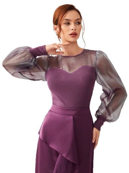 

contrast mesh lantern sleeve y88q#, White