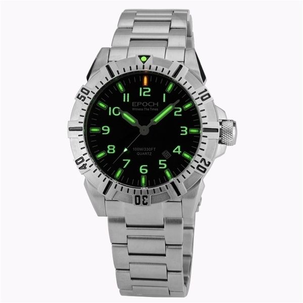 EPOCH-Stahlarmband, wasserdicht, 100 m, Tritium-Gasröhren, leuchtende Sport-Taucher-Quarzuhr T200112233g