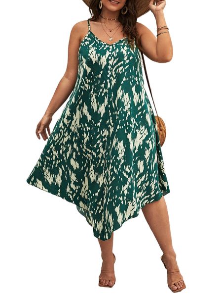 

plus allover print asymmetrical hem cami dress m2mn#, Black
