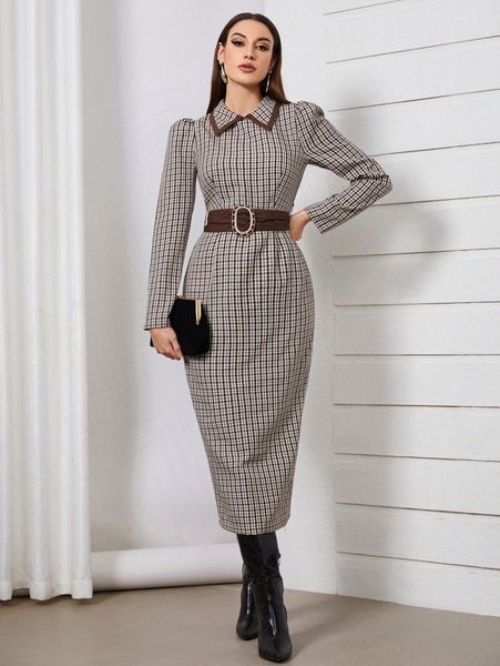 

contrast trim collar big bow back belted plaid dress o7im#, Black;gray