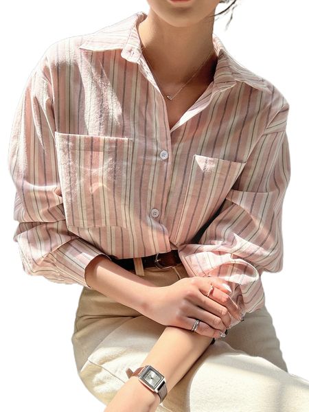 

dazy striped dual pocket drop shoulder blouse i6mq#, White