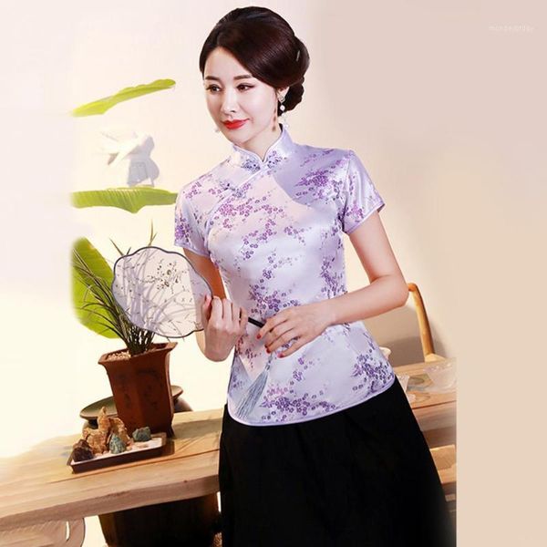 Ethnische Kleidung Frauen Cheongsam Hemd 2022 Chinesischer Stil Pflaumendruck Sommer Herbst Exquisite Schnallen Stehkragen Top für Hochzeit