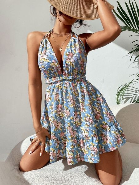 

petite floral tie backless frill ruffle hem halter dress a8mb#, Black;gray