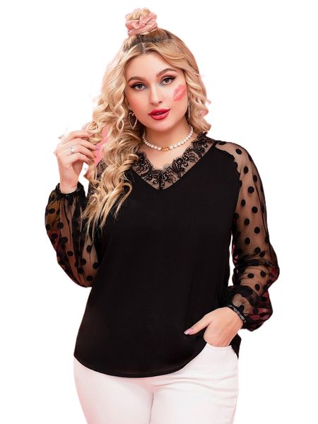 

plus contrast dobby mesh raglan sleeve eyelash lace trim blouse h6xd#, Black
