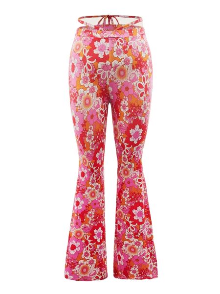 

plus allover floral print tie back flare leg pants r3fv#, Black