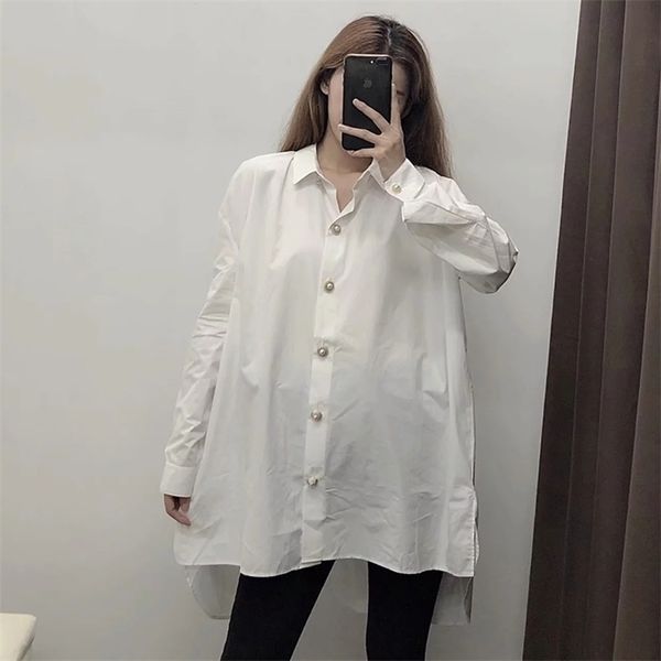 

women cotton losse long white blouse female autumn casual single breasted shirts female fashion jewelry button long 210326