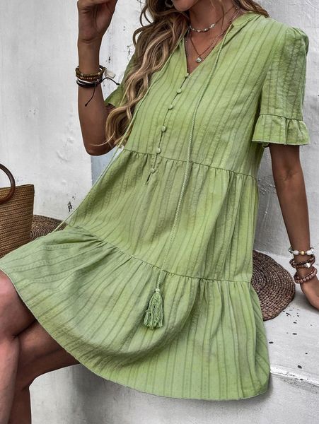 

solid tassel tie flounce sleeve ruffle hem smock dress r8te#, Black;gray