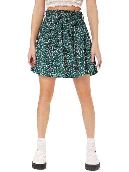 

paper bag waist ditsy floral print skirt g1ii#, Black