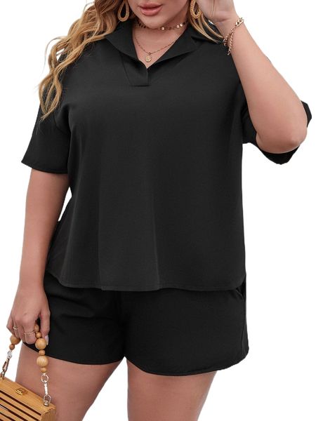 

plus solid collared & shorts g3p2#, Black