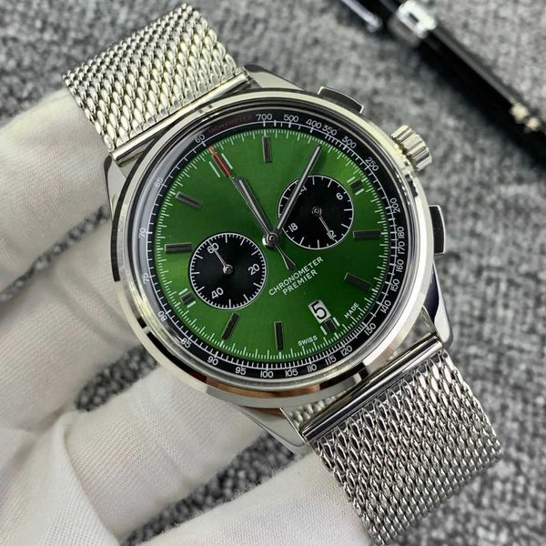 

quality right n hand men 42mm green dial watch quartz chronograph stainless steel strap floding clasp mens dress on fast track wrist watches, Slivery;brown