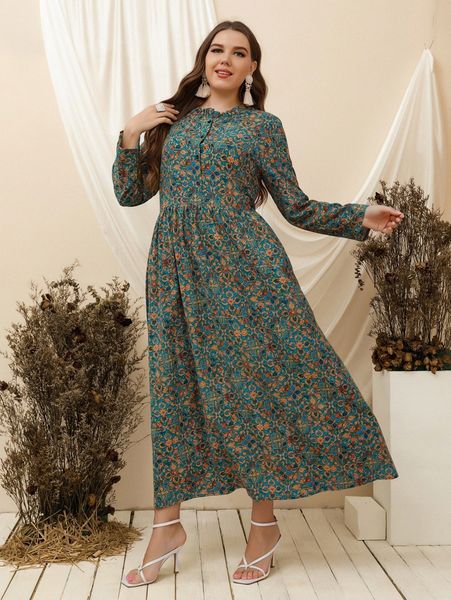 

plus allover print frilled neck dress t5mm#, Black