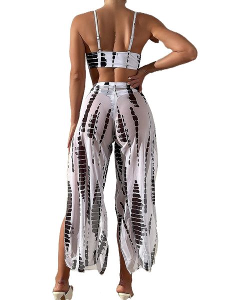

3pack brush print knot push up bikini swimsuit & cover up pants g3om#, White;black