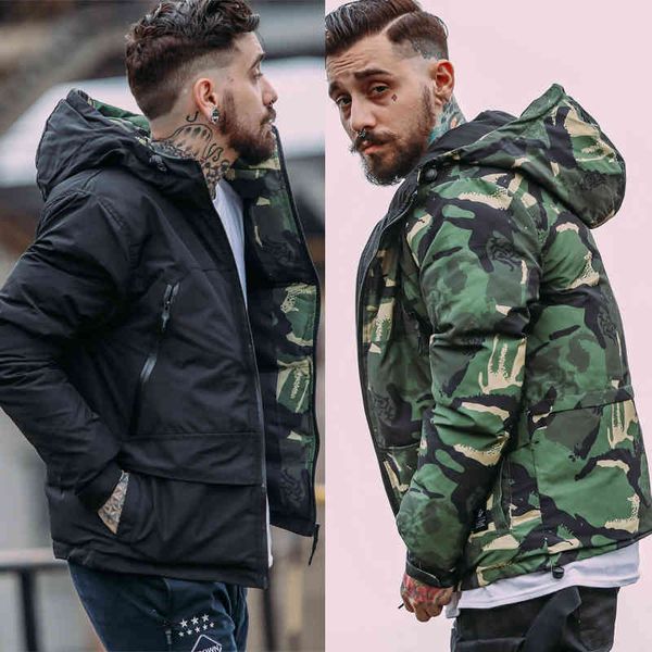 

chaopai winter short camouflage hooded tooling cotton padded jacket men's korean fashion thickened down, Black