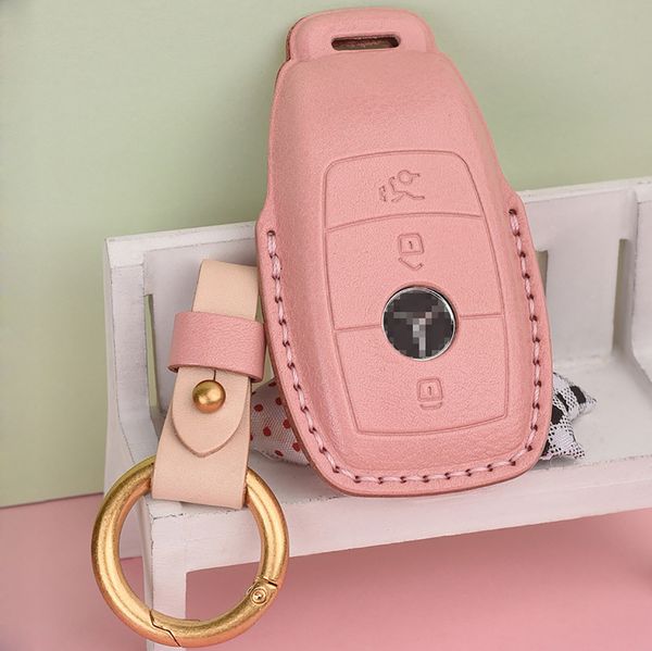 

lady genuine cow leather car key case cover pressing protect shell for mercedes benz hand made auto accessories key chain