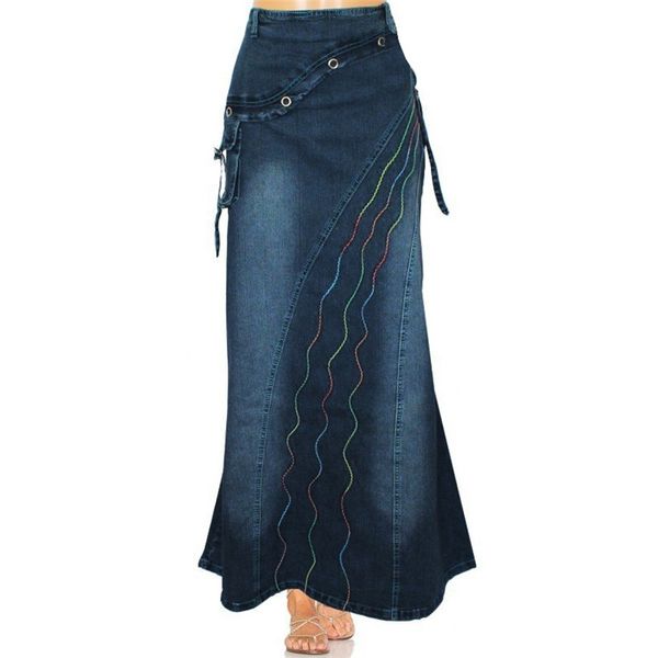 

vintage women jeans long skirt gothic fashion casual denim back slit elastic pull on slim pleated 220324, Black