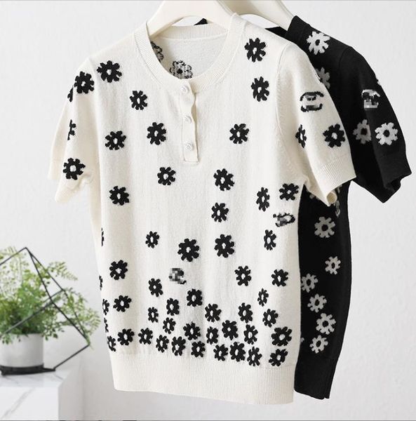 

519 2022 summer kint cardigan short sleeve crew neck wool brand same style sweater black plaid luxury womens clothes yl, White;black