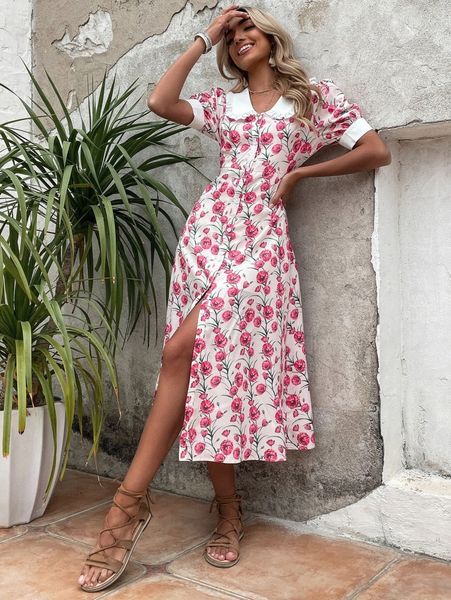 

floral print statement collar puff sleeve dress k9tg#, Black;gray