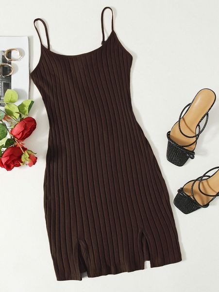 

split hem rib knit dress y702#, Black;gray