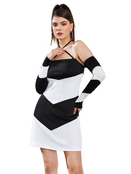 

x ainm block chevron print criss cross cold shoulder dress v9ps#, Black;gray