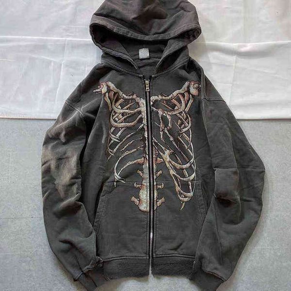 Y2K Harajuku Loose Skeleton Zip-Up Hoodie Grunge Long Sleeve Gothic Hooded Jacket Retro Coat Oversized Sweatshirt Streetwear