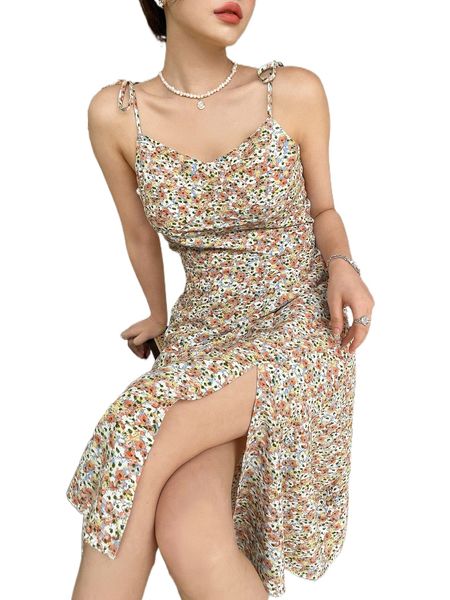 

dazy ditsy floral shirred back tie shoulder slit thigh cami dress u6im#, Black;gray